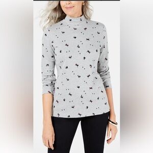 Karen Scott Mock Turtleneck Christmas Cats  Sparkle Grey Long Sleeve Large
